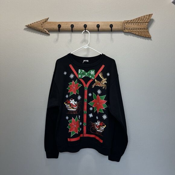Jerzees | Black Vintage Christmas Sweatshirt Unisex Large Santa Sleigh Reindeer - Picture 1 of 4